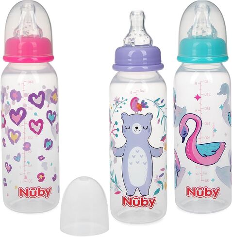 Nuby Printed Non-Drip 8oz Bottle, 3 Pack - Aqua, Orange, Green in Saudi Arabia