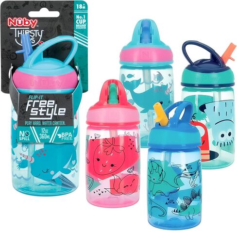 Nuby Flip-it Kids On-The-Go Printed Water Bottle with Bite Proof Hard Straw - 12oz / 360 ml, 18+ Months, 1pk Friendly Monsters in Saudi Arabia