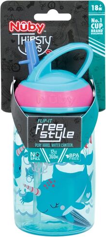 Nuby Flip-it Kids On-The-Go Printed Water Bottle with Bite Proof Hard Straw - 12oz / 360 ml, 18+ Months, 1pk Friendly Monsters in Saudi Arabia