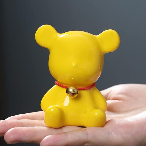 Sheskind Mini Ceramic Bear Statue Wearing a Golden Bell for Home Decorations, Also a Very Cute Toy, Small Enough to Hold in Your Hand (Yellow) in Saudi Arabia