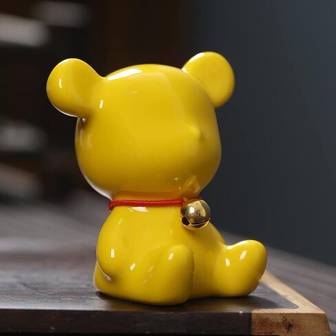 Sheskind Mini Ceramic Bear Statue Wearing a Golden Bell for Home Decorations, Also a Very Cute Toy, Small Enough to Hold in Your Hand (Yellow) in Saudi Arabia