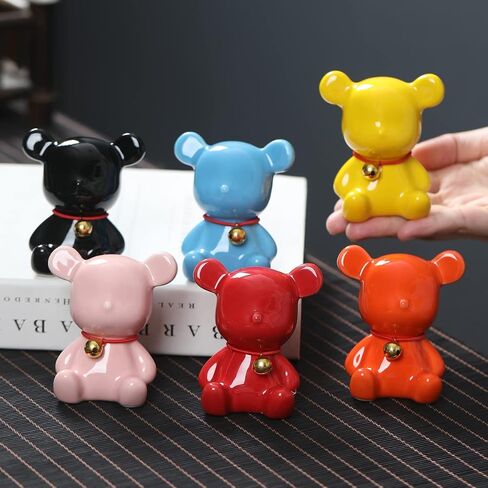 Sheskind Mini Ceramic Bear Statue Wearing a Golden Bell for Home Decorations, Also a Very Cute Toy, Small Enough to Hold in Your Hand (Yellow) in Saudi Arabia