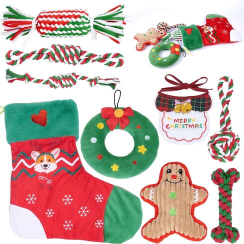 Dono Christmas Dog Toys with Plush Squeaky Stockings-9Pack, Dog Christmas Dog Stockings& Rope Toys Gifts with Bandana, Interactive Grinding Teething Aggressive Chew Rope Toys for Small to Medium Dogs in Kuwait