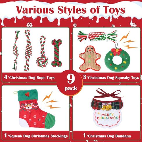 Dono Christmas Dog Toys with Plush Squeaky Stockings-9Pack, Dog Christmas Dog Stockings& Rope Toys Gifts with Bandana, Interactive Grinding Teething Aggressive Chew Rope Toys for Small to Medium Dogs in Kuwait