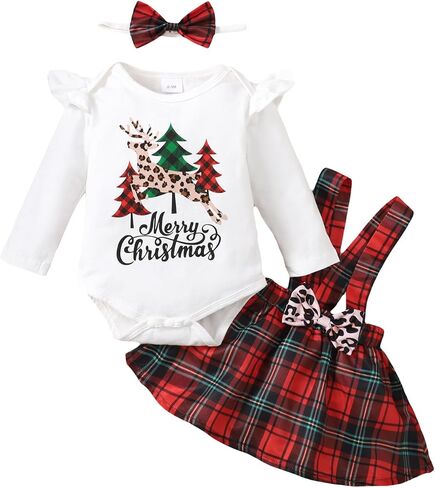 LUJENGEFA طفلة بلدي 1st زي عيد الميلاد عيد الميلاد إلكتروني طباعة كشكش رومبير + تنورة حمراء منقوشة الحمالات + عقال مجموعة الملابس in Kuwait