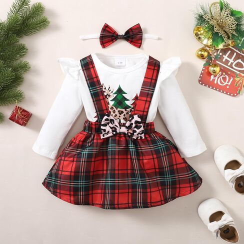 LUJENGEFA طفلة بلدي 1st زي عيد الميلاد عيد الميلاد إلكتروني طباعة كشكش رومبير + تنورة حمراء منقوشة الحمالات + عقال مجموعة الملابس in Kuwait