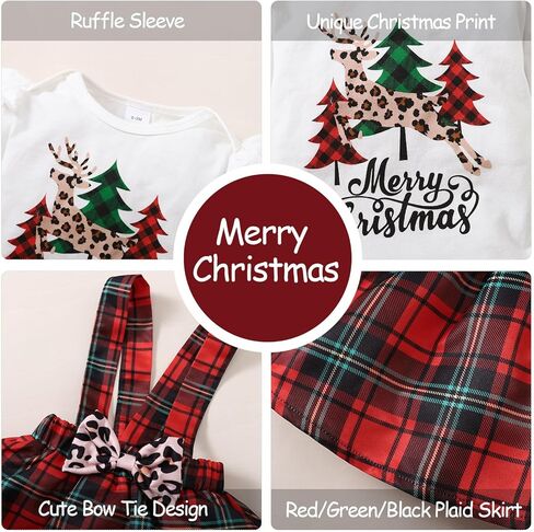 LUJENGEFA طفلة بلدي 1st زي عيد الميلاد عيد الميلاد إلكتروني طباعة كشكش رومبير + تنورة حمراء منقوشة الحمالات + عقال مجموعة الملابس in Kuwait