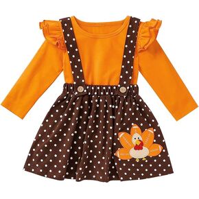 USKIDKK Kids Baby Girl Thanksgiving Outfit Ruffle Sleeve Shirt Blouse +Turkey Suspender Skirts Dresses for Toddler Girls in Kuwait