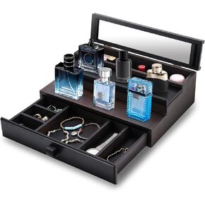 Wooden Cologne Organizer for Men, 3 Tier Cologne Stand with Mirror, Cologne Holder with Drawer and Hidden Compartment, Perfume Organizer for Men, Great Gift for Man/Father in Kuwait