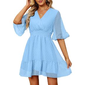 SAMPEEL Women's Summer Casual Wrap V Neck Dress with Ruffle Hem