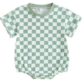 Karuedoo Newborn Baby Boy Girl Clothes Checkered T-Shirt Bubble Romper Oversized Short Sleeve Onesie One-Piece Summer Outfit in Kuwait