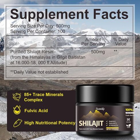Shilajit Pure Organic Natural Shilajit Resin with Fulvic Acid & 85+ Trace Minerals Complex, High Potency Immune Energy Strength Support, 50G 100 Serving in Kuwait