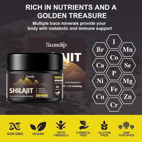 Shilajit Pure Organic Natural Shilajit Resin with Fulvic Acid & 85+ Trace Minerals Complex, High Potency Immune Energy Strength Support, 50G 100 Serving in Kuwait