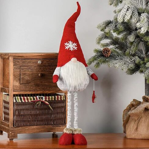 WORLDECO 2023 زينة عيد الميلاد ذات الأرجل الطويلة مع الأضواء والموسيقى، زخارف دمية عيد الميلاد الدائمة المصنوعة يدويًا، ديكور حفلات سانتا الشتوية الاسكندنافية، هدايا تمثال العطلات، 24 بوصة، أحمر in Kuwait