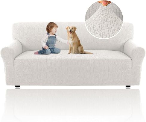 H.VERSAILTEX 2024 Newest Jacquard Couch Covers for 3 Cushion Couch 1 Piece Stretch Sofa Covers Furniture Protector Anti-Slip Soft Thickened Dogs Slipcovers Washable Crizzle Pattern(Sofa, Ivory) in Saudi Arabia
