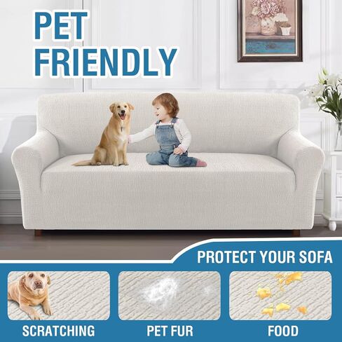 H.VERSAILTEX 2024 Newest Jacquard Couch Covers for 3 Cushion Couch 1 Piece Stretch Sofa Covers Furniture Protector Anti-Slip Soft Thickened Dogs Slipcovers Washable Crizzle Pattern(Sofa, Ivory) in Saudi Arabia