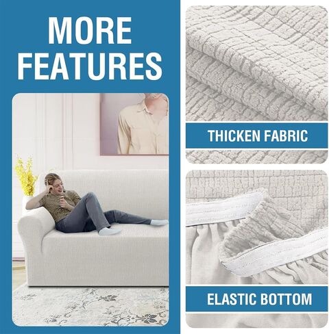 H.VERSAILTEX 2024 Newest Jacquard Couch Covers for 3 Cushion Couch 1 Piece Stretch Sofa Covers Furniture Protector Anti-Slip Soft Thickened Dogs Slipcovers Washable Crizzle Pattern(Sofa, Ivory) in Saudi Arabia