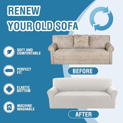H.VERSAILTEX 2024 Newest Jacquard Couch Covers for 3 Cushion Couch 1 Piece Stretch Sofa Covers Furniture Protector Anti-Slip Soft Thickened Dogs Slipcovers Washable Crizzle Pattern(Sofa, Ivory) in Saudi Arabia