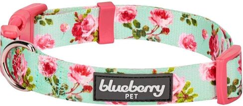 Blueberry Pet Dog Collar - Turquoise Floral Rose Print, Adjustable for Small Dogs, Neck 12"-16", Pink Puppy Collar with Eco-Friendly Buckles, Ideal Small Dog Collars for Female Dogs in Saudi Arabia