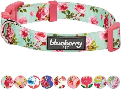 Blueberry Pet Dog Collar - Turquoise Floral Rose Print, Adjustable for Small Dogs, Neck 12"-16", Pink Puppy Collar with Eco-Friendly Buckles, Ideal Small Dog Collars for Female Dogs in Saudi Arabia
