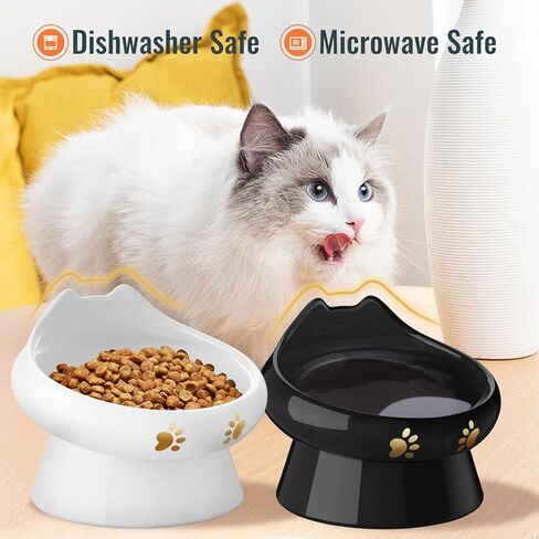 وعاء طعام للقطط مضاد للقيء، أوعية مرتفعة للقطط، وعاء سيراميك مرتفع للطعام والماء، خالٍ من الرصاص والكادميوم، يمنع الانسكابات ويعزز الأكل الصحي، آمن للاستخدام في الميكروويف وغسالة الأطباق (قطعتان) in Kuwait