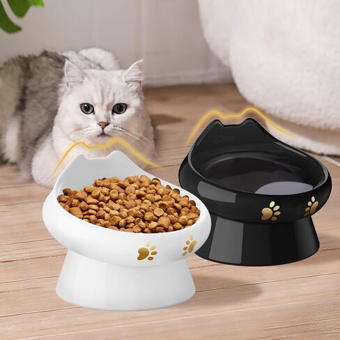 وعاء طعام للقطط مضاد للقيء، أوعية مرتفعة للقطط، وعاء سيراميك مرتفع للطعام والماء، خالٍ من الرصاص والكادميوم، يمنع الانسكابات ويعزز الأكل الصحي، آمن للاستخدام في الميكروويف وغسالة الأطباق (قطعتان) in Kuwait
