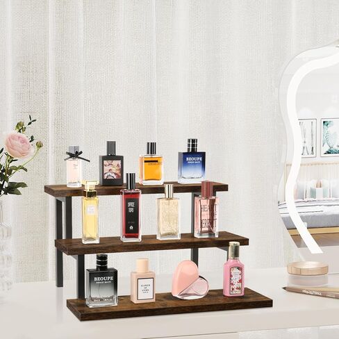 حامل عرض خشبي من YINMIT، حامل صينية متدرج خشبي، منظم رف توابل رف توابل من 3 طبقات، رف عرض كونترتوب لمجموعة الدمى والأشكال والعطور والكب كيك والرائحة والشموع in Kuwait