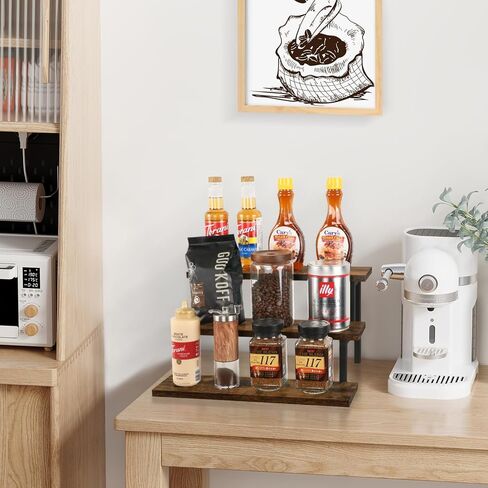 حامل عرض خشبي من YINMIT، حامل صينية متدرج خشبي، منظم رف توابل رف توابل من 3 طبقات، رف عرض كونترتوب لمجموعة الدمى والأشكال والعطور والكب كيك والرائحة والشموع in Kuwait