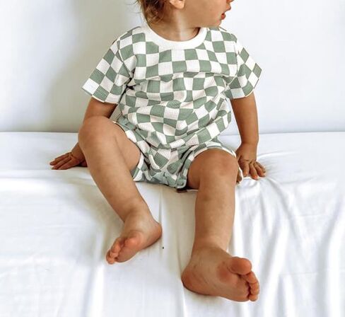 Karuedoo Newborn Baby Boy Girl Clothes Checkered T-Shirt Bubble Romper Oversized Short Sleeve Onesie One-Piece Summer Outfit in Kuwait
