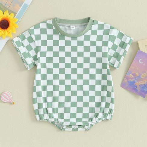 Karuedoo Newborn Baby Boy Girl Clothes Checkered T-Shirt Bubble Romper Oversized Short Sleeve Onesie One-Piece Summer Outfit in Kuwait