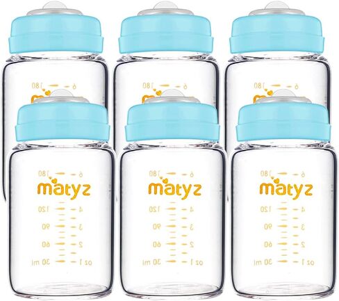 Matyz Glass Breastmilk Storage Bottles, 6 Pack, 6 oz, Sturdy Glass Bottle for Milk Freezing and Baby Feeding - Pumping Bottle for Philips Medela Spectra Breast Pumps - No BPA (3 Green & 3 Blue Lids) in Saudi Arabia