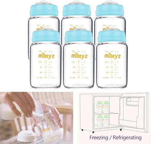 Matyz Glass Breastmilk Storage Bottles, 6 Pack, 6 oz, Sturdy Glass Bottle for Milk Freezing and Baby Feeding - Pumping Bottle for Philips Medela Spectra Breast Pumps - No BPA (3 Green & 3 Blue Lids) in Saudi Arabia