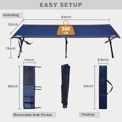سرير تخييم متنقل قابل للطي مقاس 83 بوصة مقاس XL من PORTAL مع جيوب جانبية وحقيبة حمل وجيوب جانبية متضمنة in Kuwait