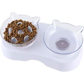 Love Dream Raised Cat Food Bowls with Stand, 15° Tilted Cat Water Food Bowl, Slow Feeder Elevated Pet Bowl Stress-Free Suit for Cats Small Dogs (Slow Feeder-2)