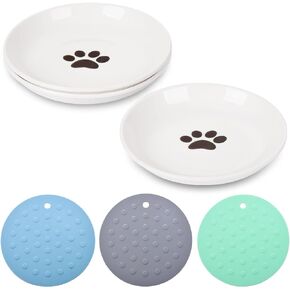 VanEnjoy Ceramic Cat Food Plates: Cat Food Bowl Whisker Friendly, Cat Feeding Bowls Shallow Bowl with Non-Slip Mat - Fish