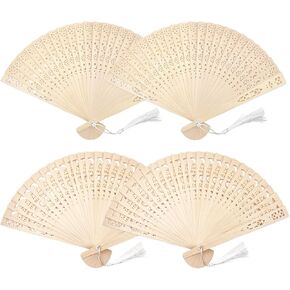 4 Pieces Wooden Folding Fan with Tassels, Vintage Wooden Fan Handheld Folding Fans Sandalwood Hand Fan Chinese Hollow Carved Pattern Sandalwood Fan for Women Foldable Wedding Favors Baby Shower