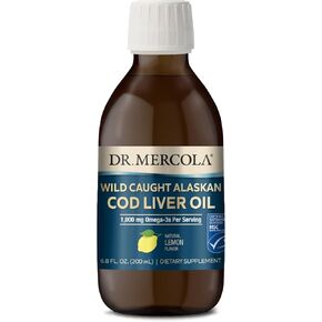 Dr. Mercola Cod Liver Oil, 1,000 mg Omega-3s Per Serving, 40 Servings (6.80 Fl. Oz.), Liquid Dietary Supplement, Natural Lemon Flavor, Supports Brain, Bone and Joint Health, Non-GMO, MSC Certified in Saudi Arabia