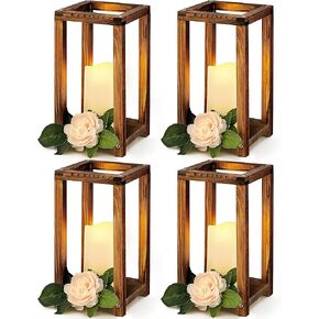 8 Pcs Wooden Wedding Lantern Centerpiece for Table Decoration Includes 4 Farmhouse Candle Holder and 4 Flameless Decorative LED Candles for Rustic Home Wedding Decor(Dark Brown)