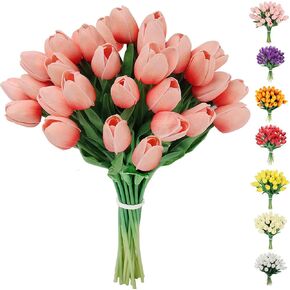 30pcs Artificial Tulips Flowers Fake Latex Tulip Stems - Real Touch Faux Coral Tulips Flower for Easter Spring Wedding Bouquet Centerpiece Floral Arrangement Home Cemetery Table Decor in Kuwait