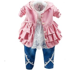 Peacolate 6M-4Y Baby Little Girls 3pcs Outfits Leather Hoodie Jacket Lace T-Shirt Denim Jeans in Kuwait