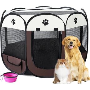 Portable Pet Playpen,Foldable Pet Playpen for Indoor/Outdoor,Waterproof Dog Cat playpen with Removable Shade Cover,Pop Up Dog Cat tent with Carrying Case and Travel Pet Bowl.