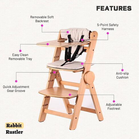 كرسي مرتفع ووسادة من أرنب رستلر مع صينية، كراسي عالية خشبية قابلة للتحويل للأطفال الرضع والصغار، كرسي مرتفع قابل للطي مع حزام أمان بخمس نقاط، سهل التنظيف، 6 أشهر حتى 200 رطل in Kuwait