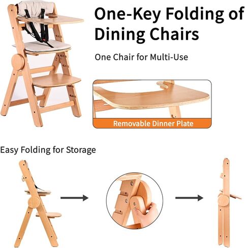 كرسي مرتفع ووسادة من أرنب رستلر مع صينية، كراسي عالية خشبية قابلة للتحويل للأطفال الرضع والصغار، كرسي مرتفع قابل للطي مع حزام أمان بخمس نقاط، سهل التنظيف، 6 أشهر حتى 200 رطل in Kuwait