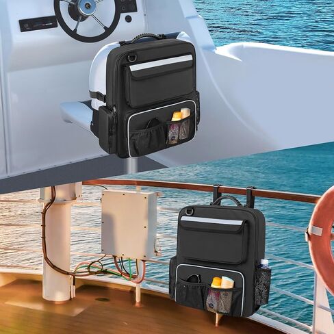 منظمات وتخزين القوارب المقاومة للماء من GRAOSO، حقيبة حمل للمقعد الخلفي للقارب بمقبض مطاطي وحزام خلفي قابل للتعديل، جيوب متعددة لإكسسوارات القوارب، أسود in Kuwait