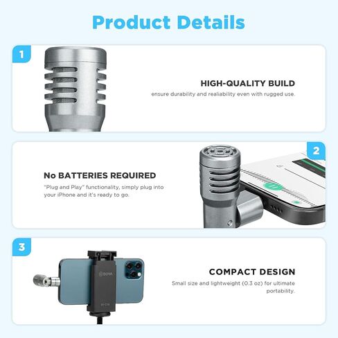 BOYA External Microphone for iPhone iPad iPod iOS, Portable Omnidirectional Mini Plug Play Lightning Microphone for Podcast Vlog YouTube TikTok Video Recording in Saudi Arabia