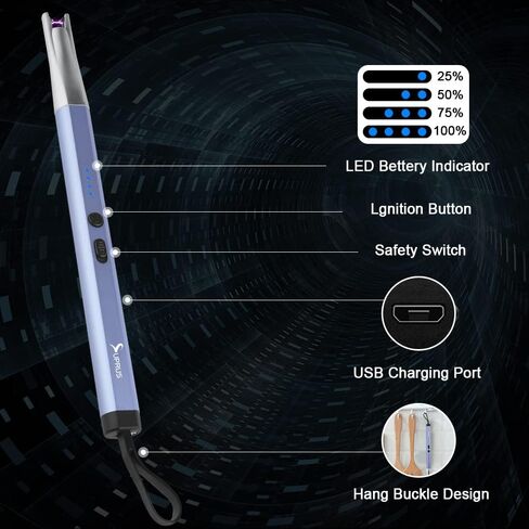 SUPRUS Candle Lighter Electric Arc Lighter Rechargeable USB Lighter Extra Long Lighter Flameless Plasma Windproof with LED Light for Home Kitchen BBQ (Black) in Kuwait