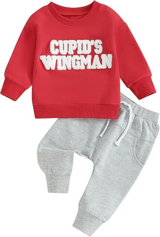 Molgkyo Toddler Baby Boy Valentines Day Outfit Long Sleeve Letter Print Sweatshirt Tops Pants Set 2Pcs Infant Spring Clothes in Saudi Arabia