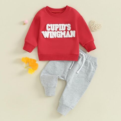 Molgkyo Toddler Baby Boy Valentines Day Outfit Long Sleeve Letter Print Sweatshirt Tops Pants Set 2Pcs Infant Spring Clothes in Saudi Arabia