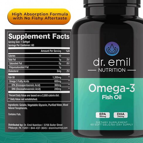 زيت السمك أوميغا 3 من دكتور إميل نيوتريشن - 360 مجم من EPA + 240 مجم من DHA لكل كبسولة هلامية، 60 وجبة in Kuwait