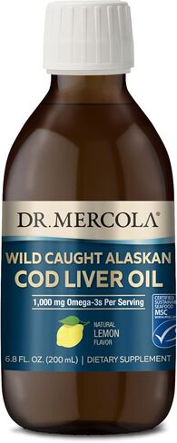 Dr. Mercola Cod Liver Oil, 1,000 mg Omega-3s Per Serving, 40 Servings (6.80 Fl. Oz.), Liquid Dietary Supplement, Natural Lemon Flavor, Supports Brain, Bone and Joint Health, Non-GMO, MSC Certified in Saudi Arabia